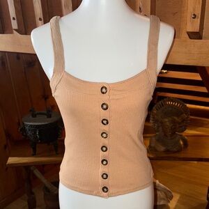 Free People S Tan Button-Front Ribbed Tank Top